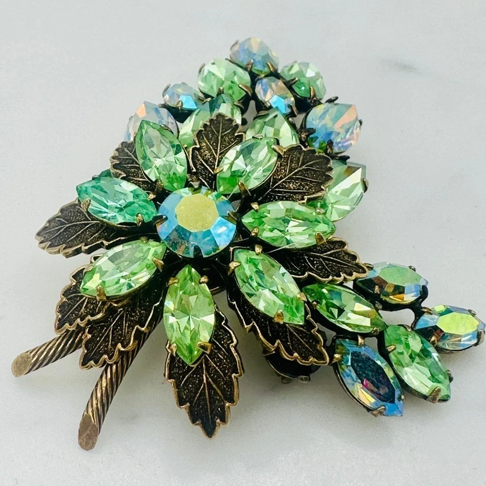 Vintage Signed Regency Brooch Pin Green Blue AB Navette Rhinestone Rare 50s 60s